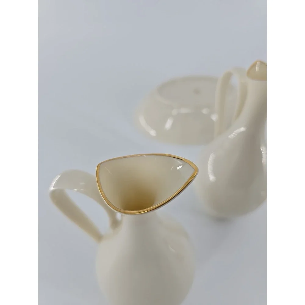 2 LENOX Sleek Creamy W/Gold Trim Pitchers In Bowl +Floral Bird Anniversary Plate